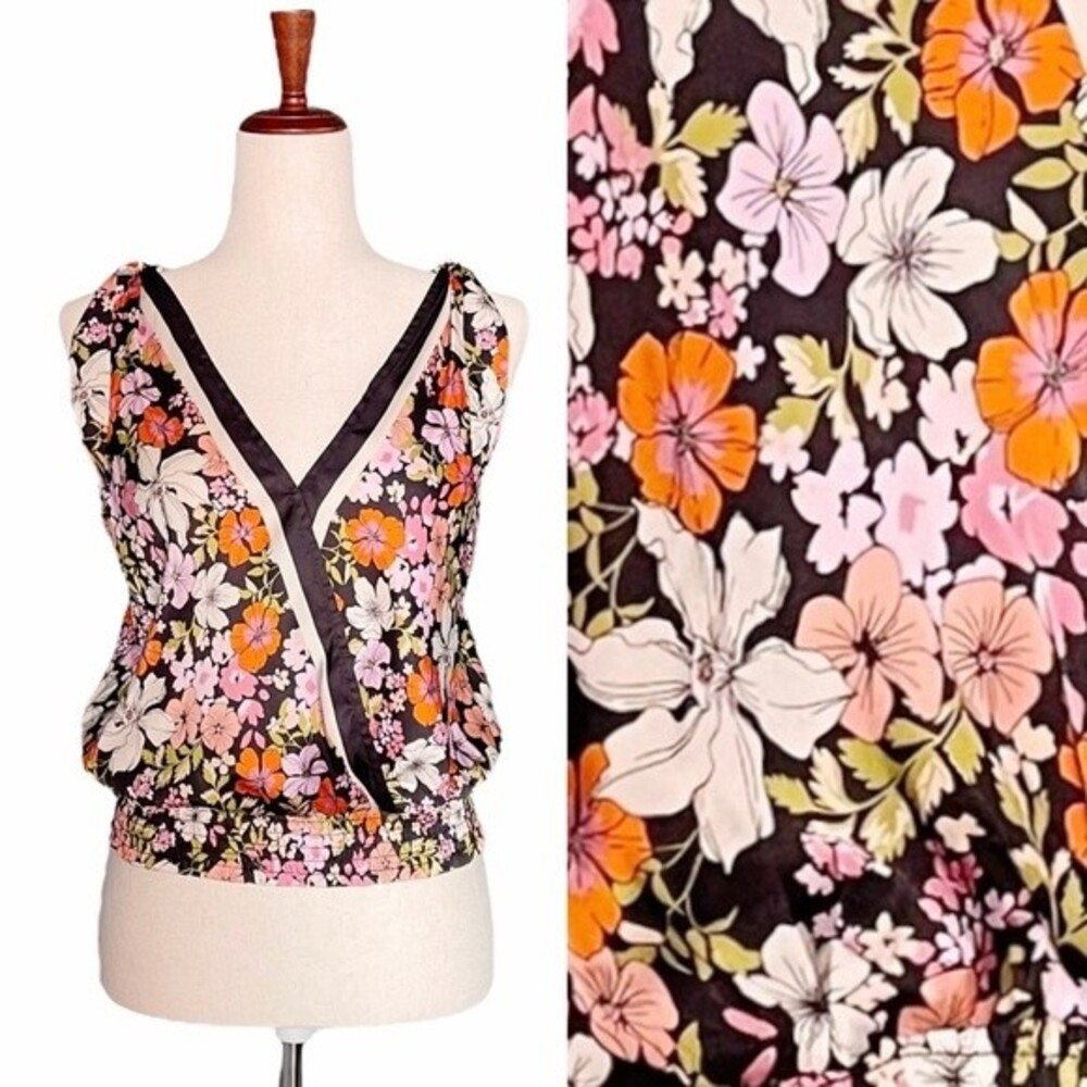NWT Joie Top Satin Retro Floral Surplice Tie Shoulder Blouse Women’s Size XS NEW